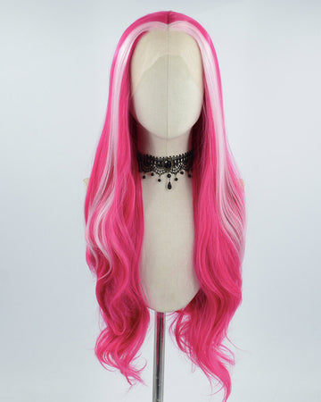 Pink Streaked Wavy Hot Pink Synthetic Lace Front Wig WW375